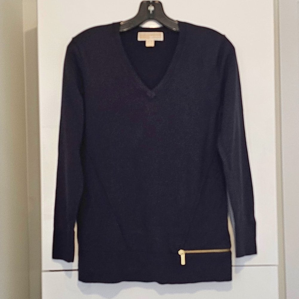 Michael Kors Women's Sweater Navy with Gold Tone Zipper